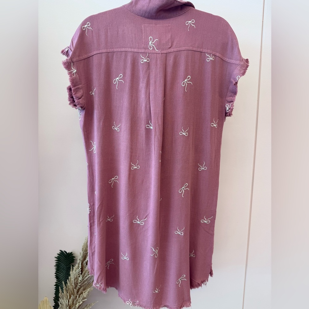 Dusty Rose Ribbon Embroidered Button-Front Mini Dress- Umgee - Picture 3 of 6